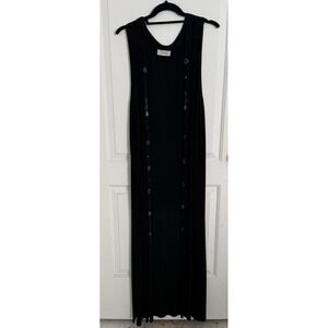 Vtg Open Front Sleeveless long Duster Vest One Size Liquid Knit Black Boho Goth
